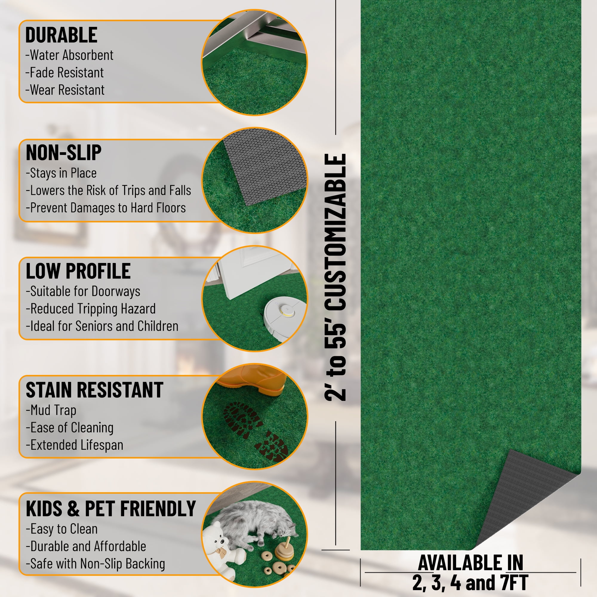 Ottomanson Non-Slip Hallway Runner Rug 6'6" x 36' Indoor/Outdoor Custom Size Utility Carpet for Garage, Green
