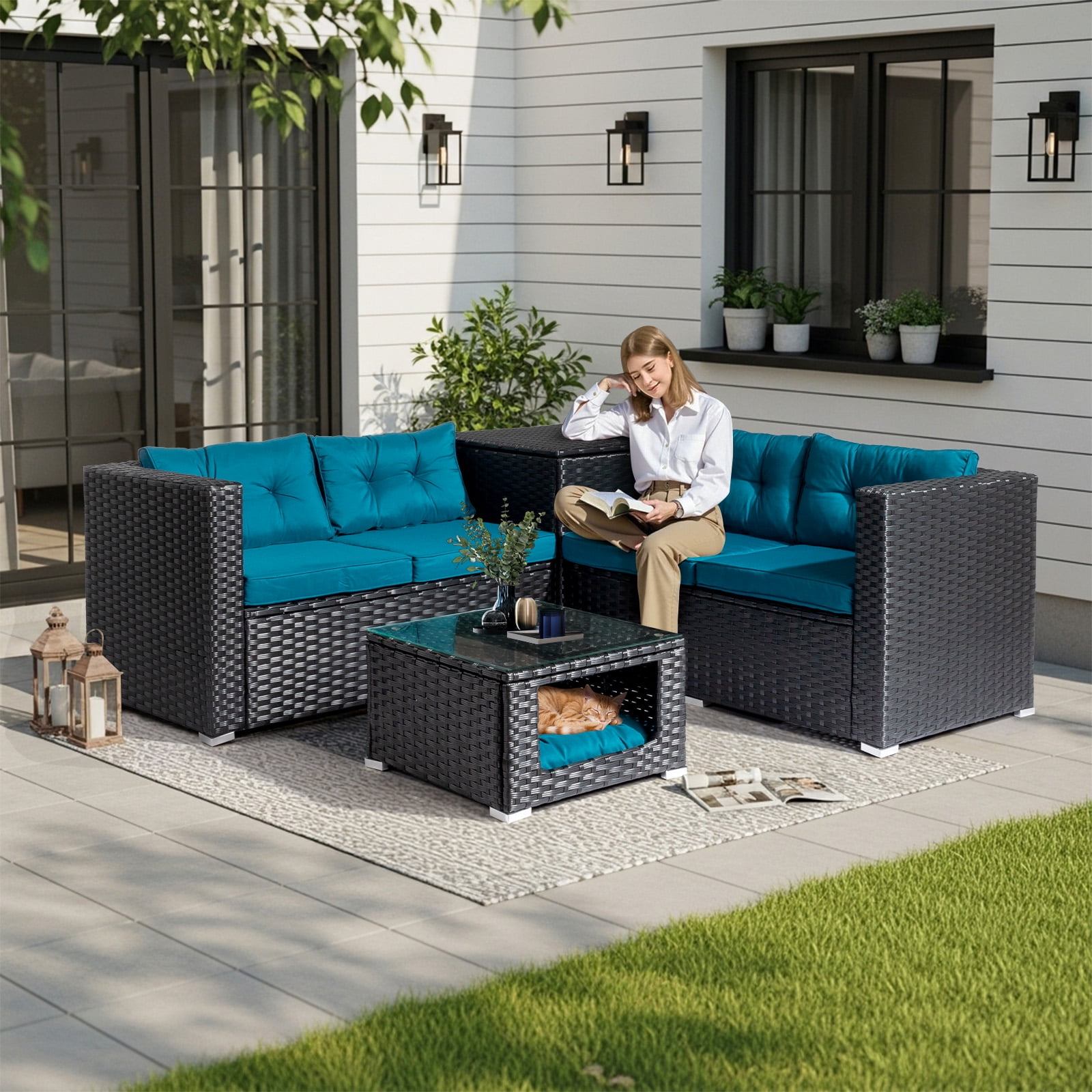 Ktaxon 4PC Patio Furniture Set, Black PE Wicker Modular Sectional with Storage Box, Pet Coffee Table  Peacock Green Cushions