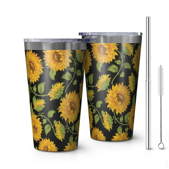 16oz Tumblers Black Sunflower Stainless Steel Vacuum Insulated Double Wall Travel Tumbler Cups Mug with Lid and Straw,Cleaning Brush for Coffee,Tea