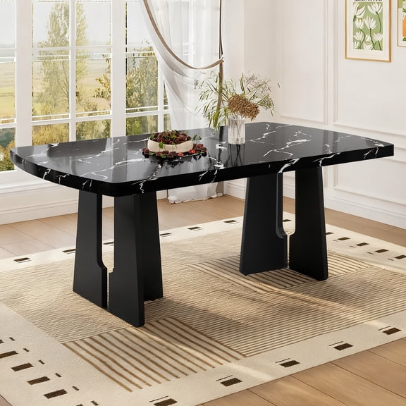 63" Modern Faux Marble Dining Table, Black/White Marble Top with Sturdy Geometric Legs, Stylish Kitchen & Dining Room Table for Home, Apartment, Office, Easy to Assemble, Black