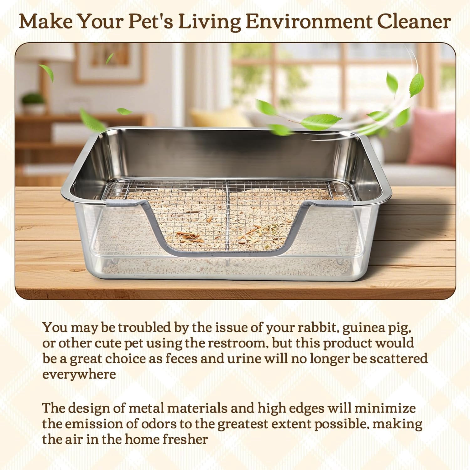 Large Rabbit Litter Box, Bunny Litter Box High Side with 304 Stainless Steel Sifting Tray, Metal Small Animal Litter Pan with Pet Food Bowl and Water Bottle, Non-Slip Easy to Clean Odor Control