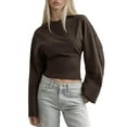 thumbnail image 3 of BiZtdJrK Women Trendy Cropped Tops Cinched Waist Flare Long Sleeve Crew Neck T Shirt Loose Fit Going Out Tee Shirts Brown L, 3 of 10