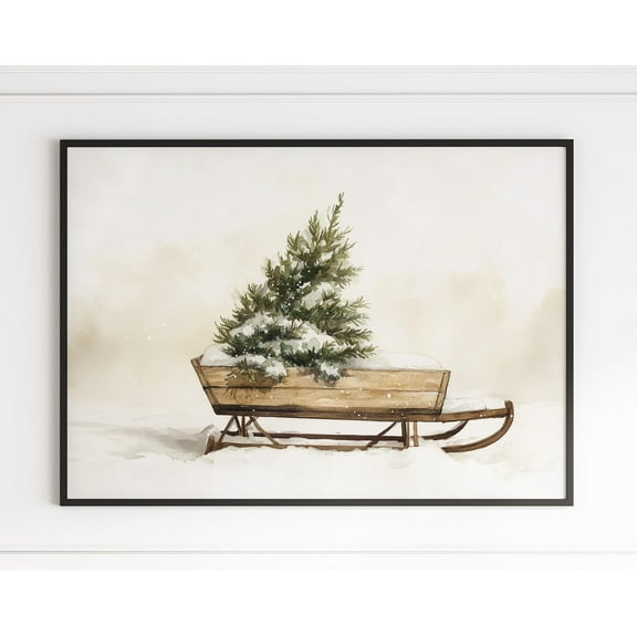 Watercolor Sleigh with Christmas Tree Wall Art, Vintage Sleigh wall art Poster, Christmas Print, Christmas Gallery Wall Art Home Decor, 8x12 UNFRAMED