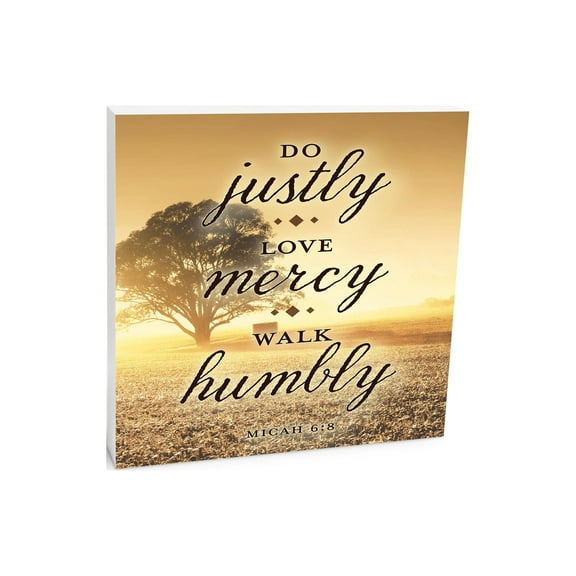 Do Justly Love Mercy Golden Sunlit Tree 10 x 10 Wood Tabletop Sign Plaque
