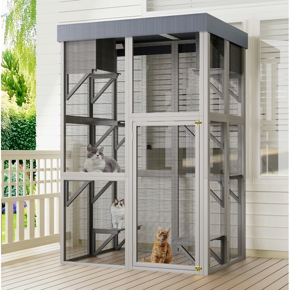 Zephypaws 70.5" H Outdoor Cat Enclosure, Outside Patio Large Cat Shelter Catio House for Mulitiple Cats, Weatherproof Wooden Kitty Cage With 6 Jumping Platforms & 2 Napping Houses, Gray