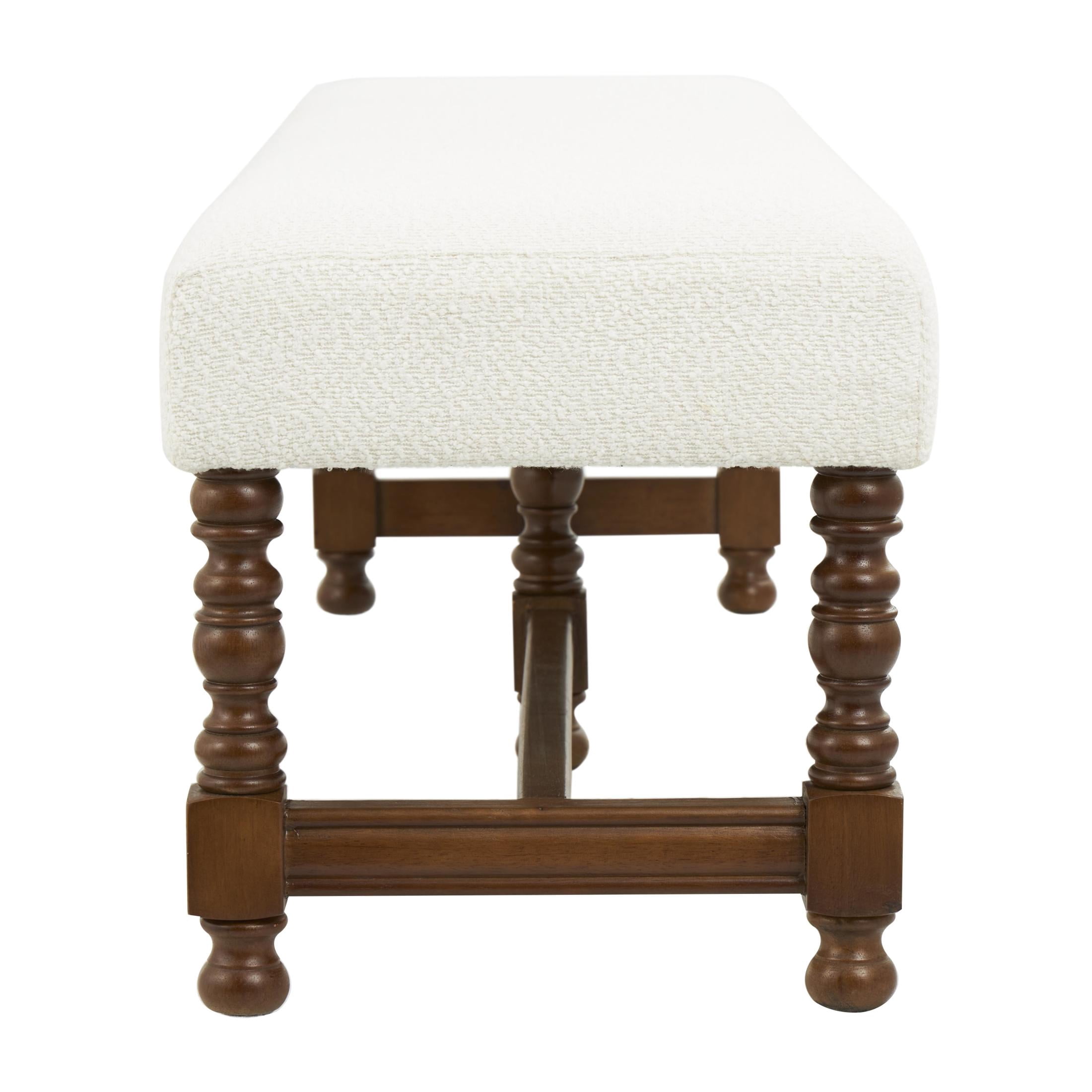 DecMode Fabric Bench with Brown Traditional Wood Turned Legs, Cream