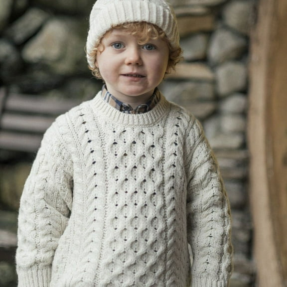 Irish Aran Merino Natural Crew Sweater For Children Size Small Made By Aran Woollen Mills