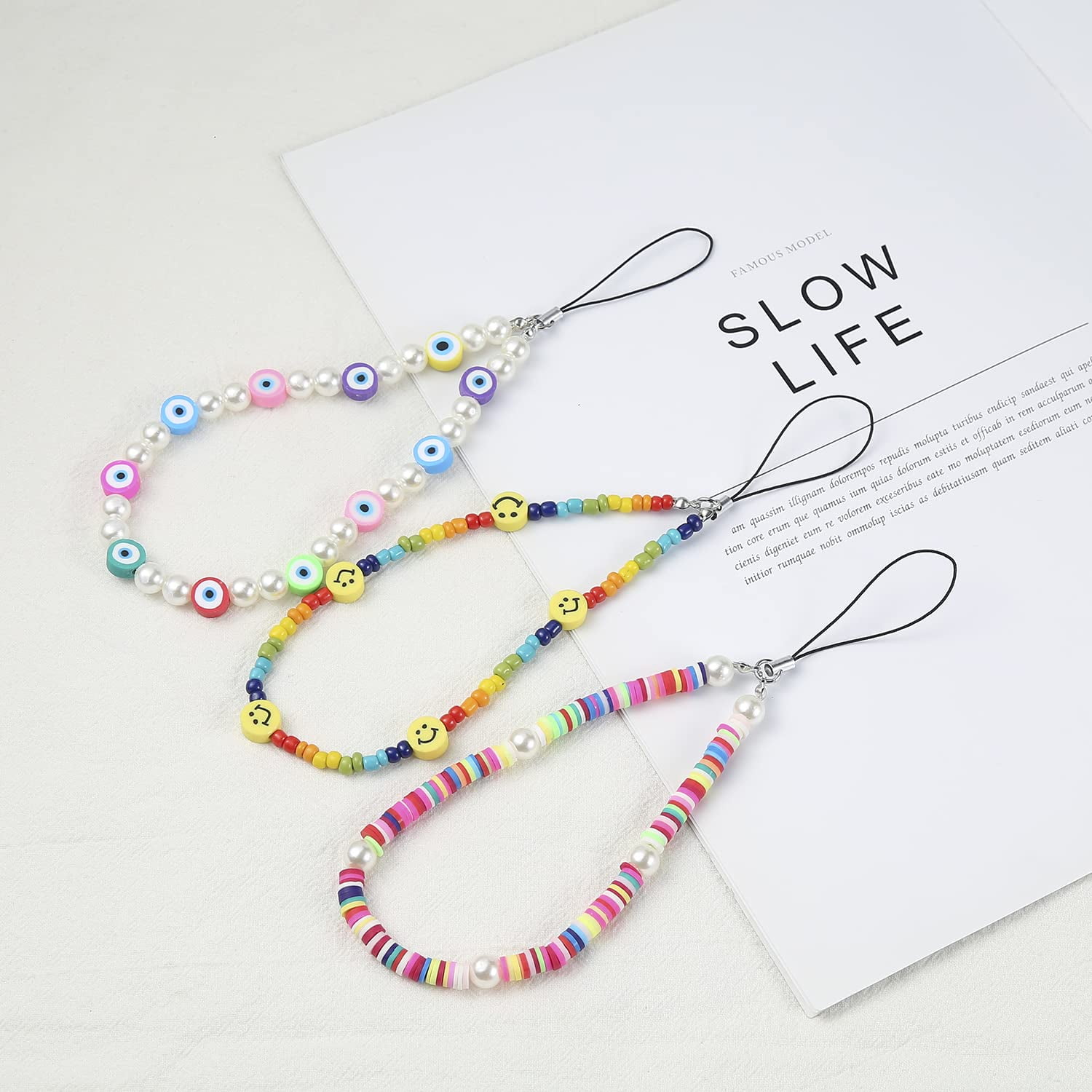 6PCS Beaded Phone Lanyard Wrist Strap Face Beaded Phone Charm Fruit Star Pearl Rainbow Color Beaded Phone Chain Strap for Women Girls 
