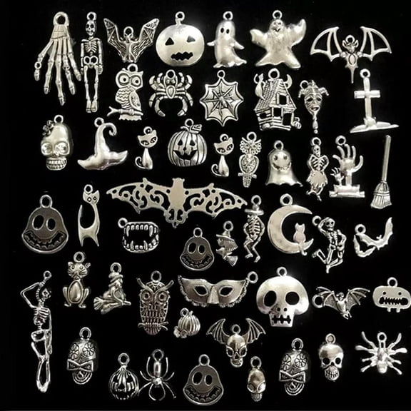 HOOUN 50Pcs Mixed Halloween Bat Skeleton Silver Charms Pendants DIY Jewelry Making_