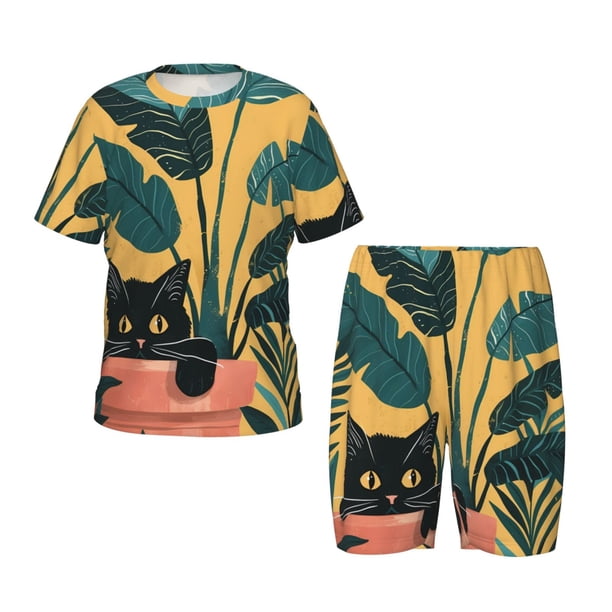 Balery Cat Hiding In Potted Plants Conjunto de Pijama Infantil de Manga Corta con Estampado – Ropa de Dormir de Algodón Suave-3X-Large