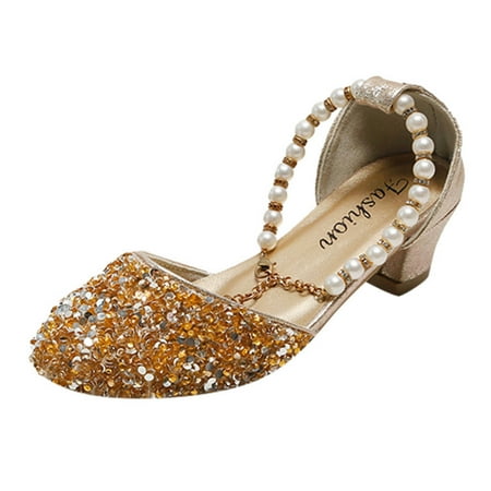 6-7 Years Girls Sandals Glitter Dress Shoes Princess Crystal High Heels Party Wedding Toddler Shoes Girls Cute Fashion Sequin Pearl Chain Non-slip Leather Princess Shoes Gold
