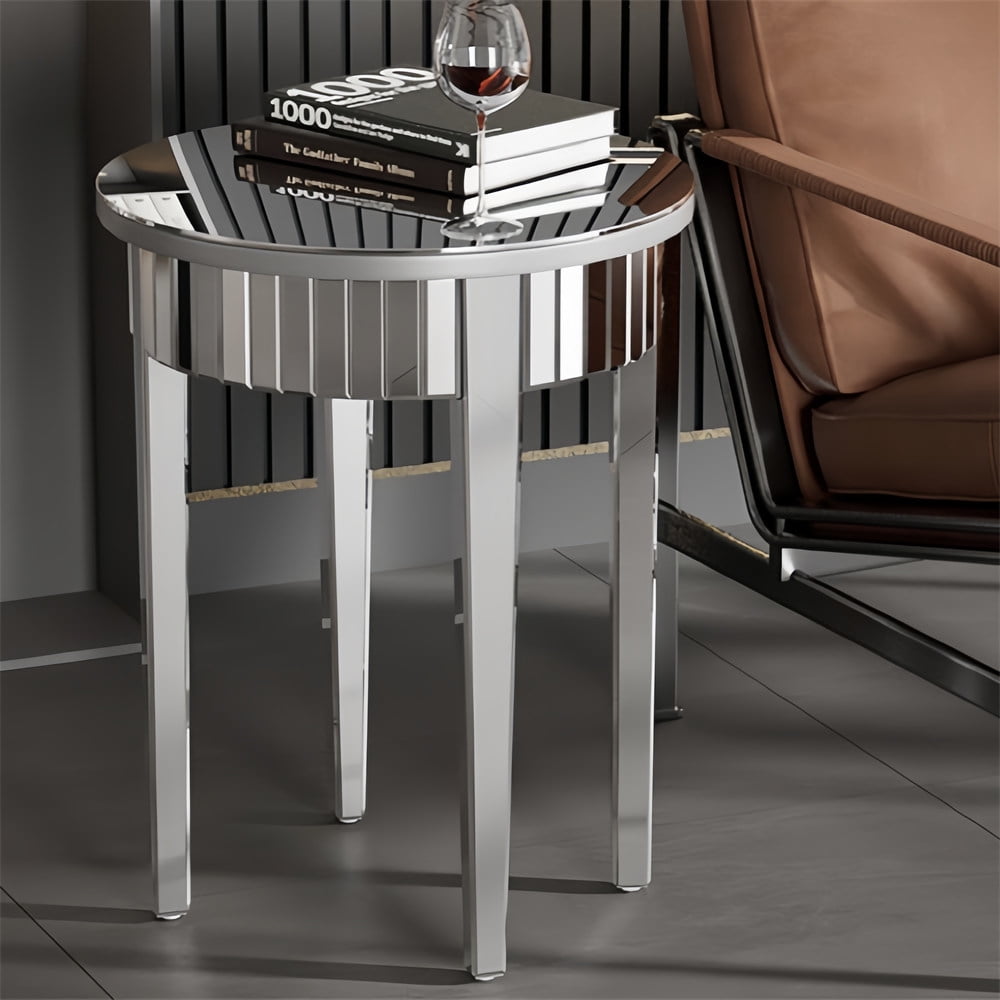 Wisfor Round Mirrored End Table Silver Sofa Side Table Hallway Living Room Furniture, 17.7 inch