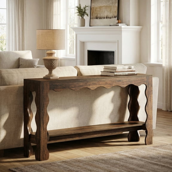 Finmind 63" Entryway Table, Modern Rustic Console Table with Scalloped Edge & Storage Shelf, Dark Brown