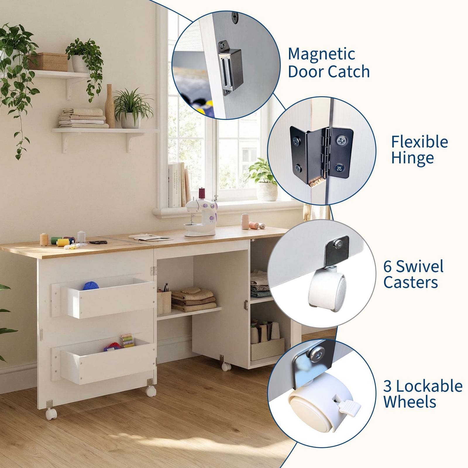 Gaderth Folding Sewing Table, Multipurpose Portable Craft Station & Side Desk with Caster Wheels, Storage Shelves, 2 Storage Trays, Magnetic Doors