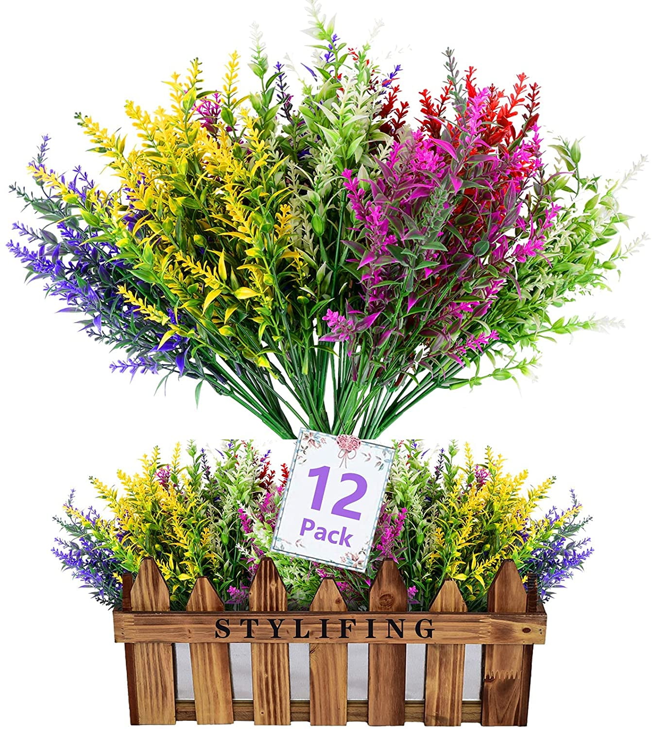 GRNSHTS 12 Bundles Artificial Fake Flowers for Outdoor Decoration, UV
