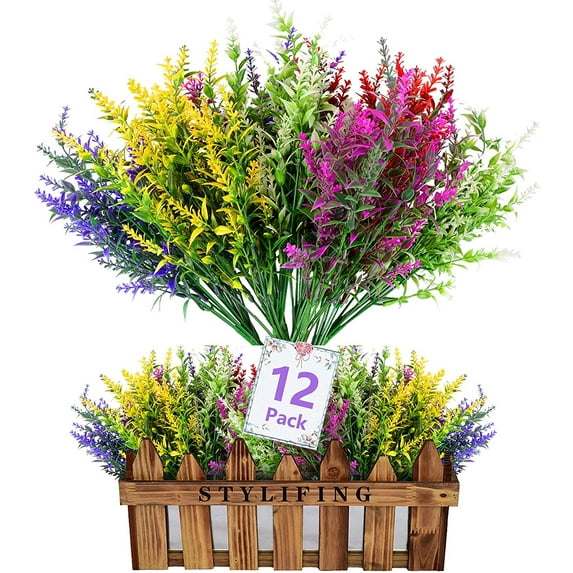 Babibeauty 12 Bundles Artificial Lavender Flowers, UV Resistant Artificial Outdoor Plants for Decoration, No Fade Faux Plastic Plants Farmhouse Garden Porch Window Box Décor, Lavender Flowers