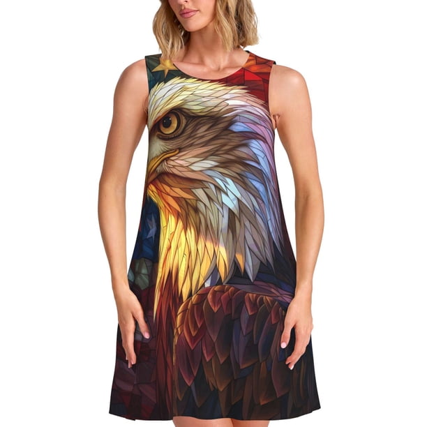 Easygdp Geometric American Bald Eagle para Vestido Transpirable de Mujer, Vestido Suelto de Manga Corta con Pliegues y Bolsillos para el Verano