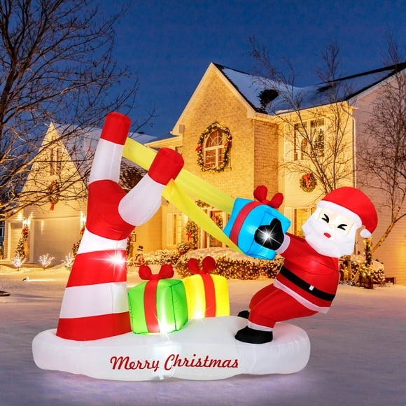 Costway 7 FT Christmas Inflatables Santa Decoration with Large Slingshot & LED Lights