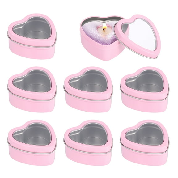 Heart Shaped Candle Tins with Clear Window Lids, 2 oz Empty Metal Tin Cans for Candle Making Candies Gifts DIY Crafts, Pink, Pack of 8