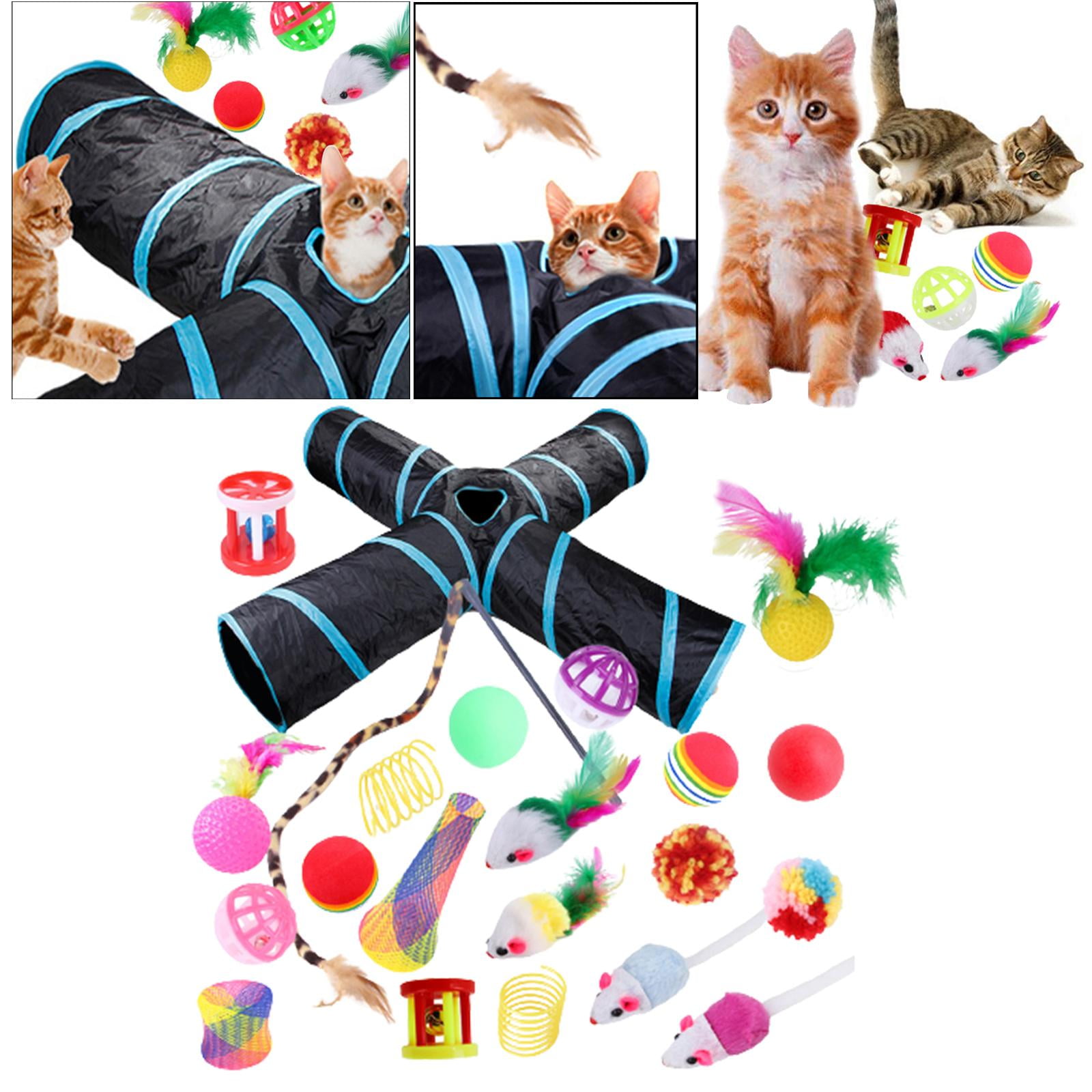 22 piece Interactive Cat Toy Sets,Collapsible Cat Tunnels for Indoor Cats, Feather Teaser Crinkle Balls Spring Toy Catnip Fish for Cats , B99503
