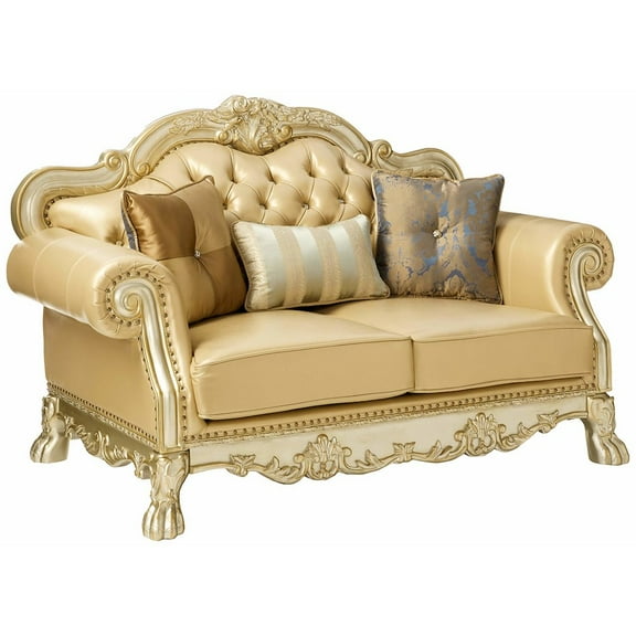 ACME Dresden Loveseat w/3 Pillows in Bone Synthetic Leather & Gold Patina