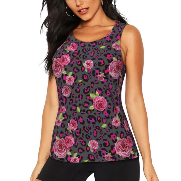 Balery Rose Mix Leopard 2 Camiseta sin mangas estampada ligera para mujer, tops de entrenamiento sin mangas, camisetas de yoga transpirables de secado rápido.-Large