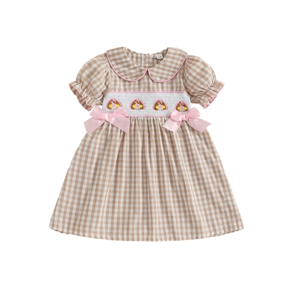 BemeyourBBs Toddler Baby Girl Thanksgiving Dress Outfit Baby Girls Summer Fall Smocked Dress Clothes Cute Turkey Embroidery Puff Short Sleeve Doll Collar Plaid Giangham Dress