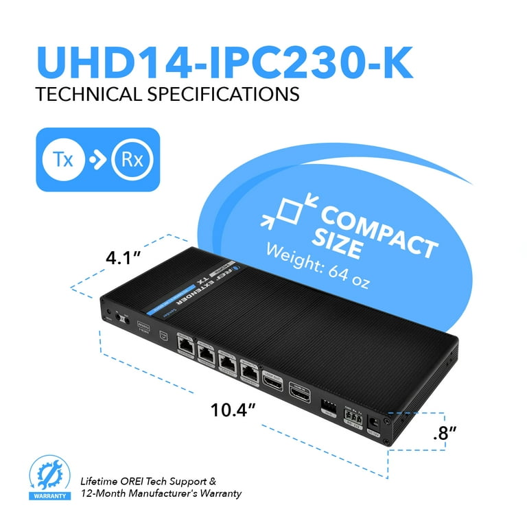 1x4 HDMI Extender Splitter 4K by OREI Multiple Over Single Cable CAT6/7  4K@60Hz 4:4:4 HDCP 2.2 With IR Remote EDID Management - Up to 115 Ft - Loop  Out - Low Latency - Full Support 
