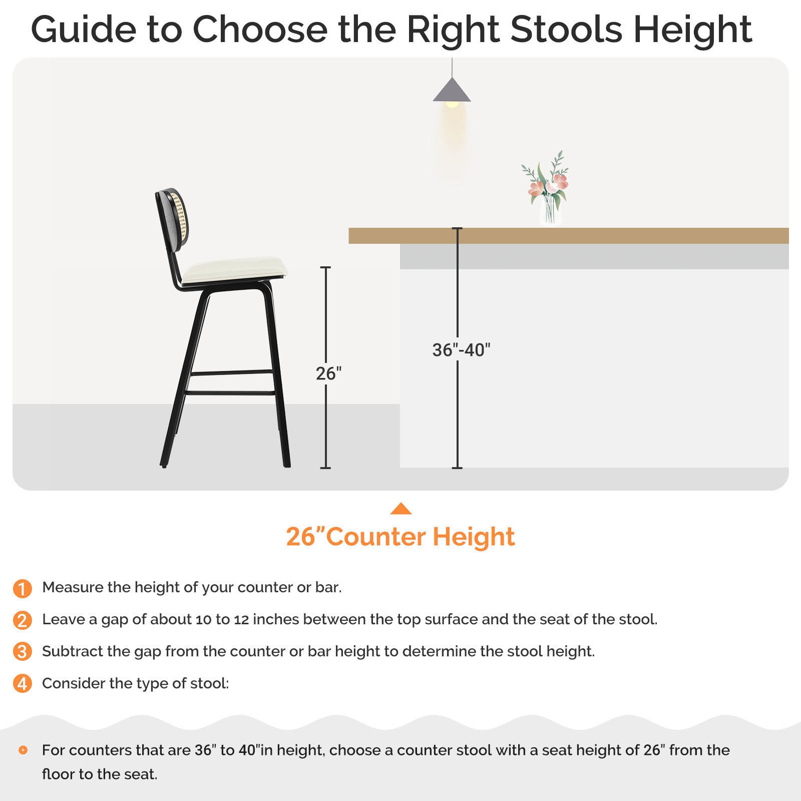 WOOW DEPOT PU Bar Stools 26" Counter Height w/ Rattan Back Set of 1, Modern Black Bent Wood Bartool Leather Upholstered Chair for Kitchen Pub Island Dining Room