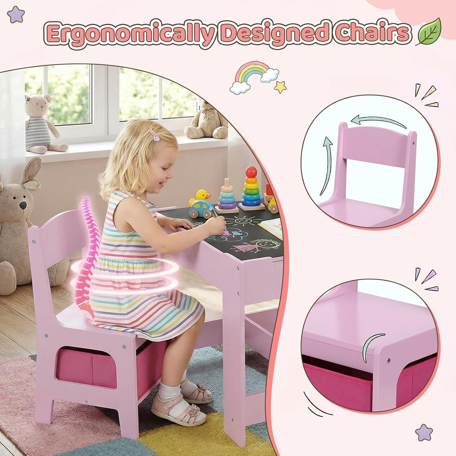 Pirecart Kids Table and 2 Chairs Set Wooden Activity Table and Chair Set with Blackboard & Storage Drawer, Pink
