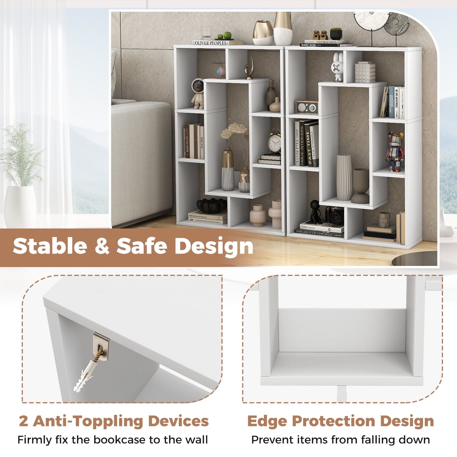 Giantex Wood Geometric Bookshelf, Freestanding Open Bookcase w/7 Cubes, Storage Display Rack for Home Office, White
