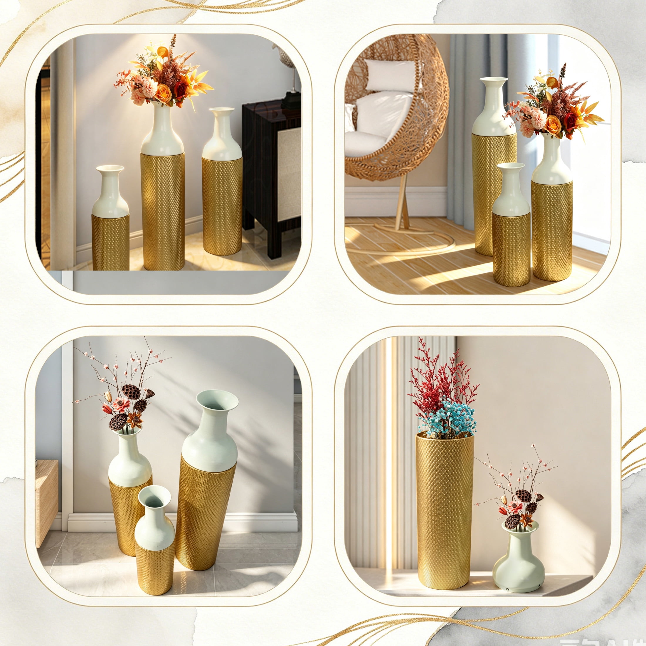 Noble House Set of 3 Decorative Metal Floor Vases, Tall Textured Vases for Home Decor, White+Gold