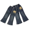thumbnail image 2 of HAOTAGS Leg Denim Jeans For Girls, Casual Fall Pants Loose Straight Bowknot Decoration Navy 1 T, 2 of 3