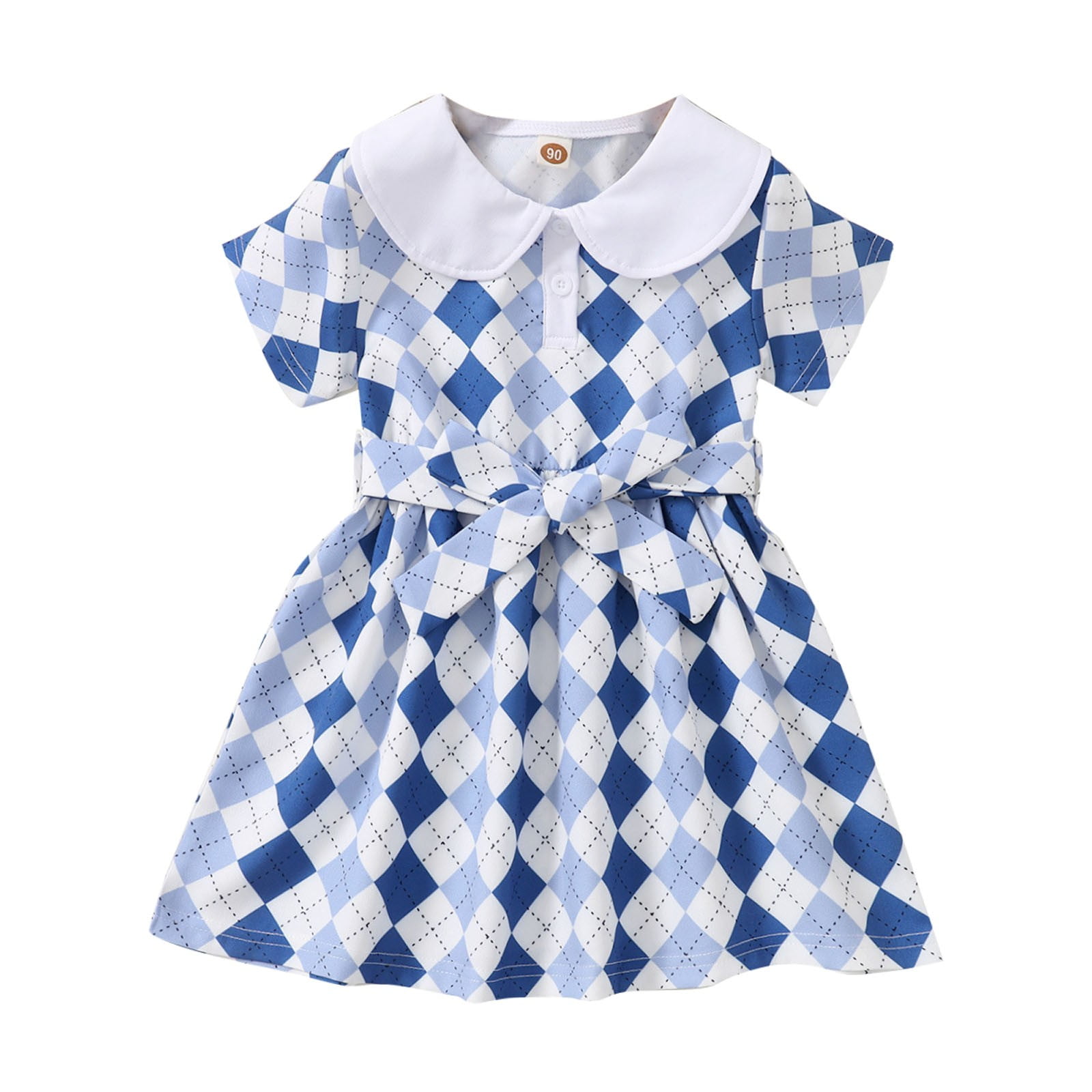 Girls Dresses Short Sleeve Lapel Plaid Blue Dress - Walmart.com