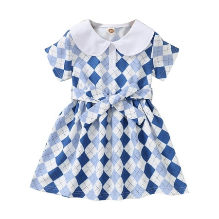 

ZRBYWB Toddler Girls Dresses Clothes Toddler Girls Dresses Summer Girls Dresses Short Sleeve Lapel Dress Plaid Dress Blue Baby Girl Clothes