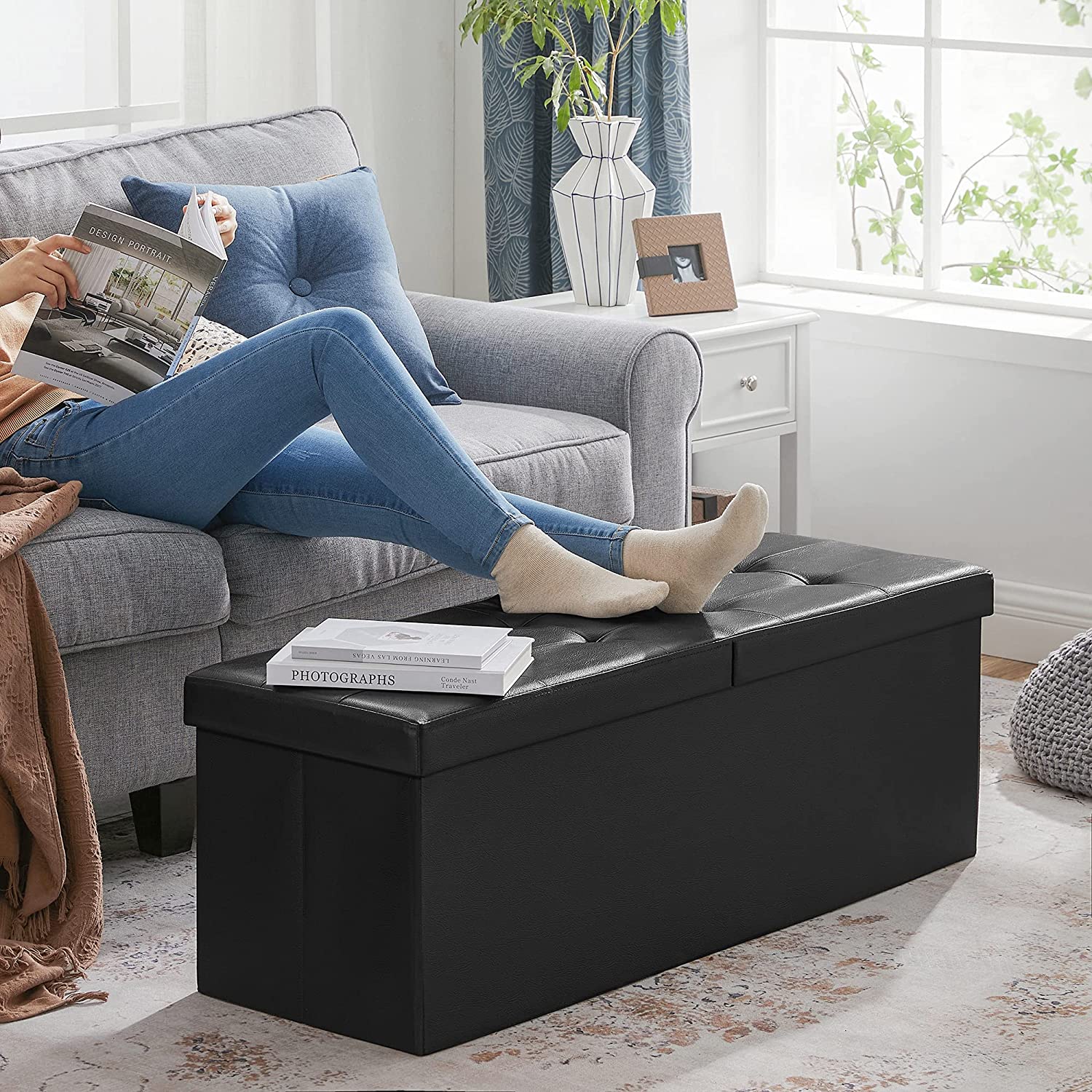 Songmics 43" Folding Storage Ottoman Bench, Black photo 8