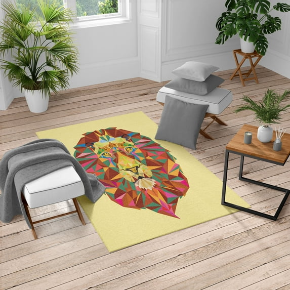 Zoo Turkish Area Rug, Colorful Animals Geometric Diamond Face Lions Mane Safari Wildlife Theme Image, Soft Carpet for Living Room Decor with Distressed Look, 6.6' X 9.6', Pastel Yellow, by Ambesonne