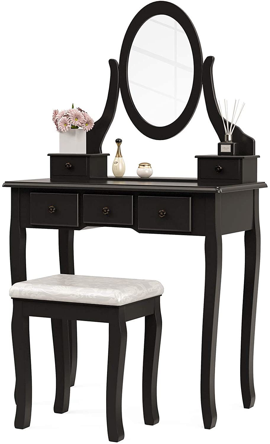 Vanity Table Set, Dressing Table with Mirror, Vanity Makeup Table with 5 Drawers/ Stool, Black