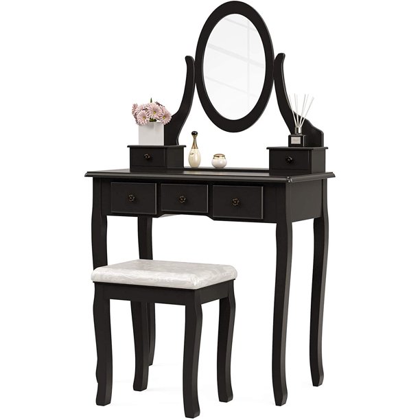 Vanity Table Set, Dressing Table with Mirror, Vanity Makeup Table with 5 Drawers/ Stool, Black