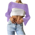 thumbnail image 2 of Ounisa Women Hollow Out Sweater Crop Flounce Off See Through Crochet Top Trumpet Long Sleeve Knit Top, 2 of 5