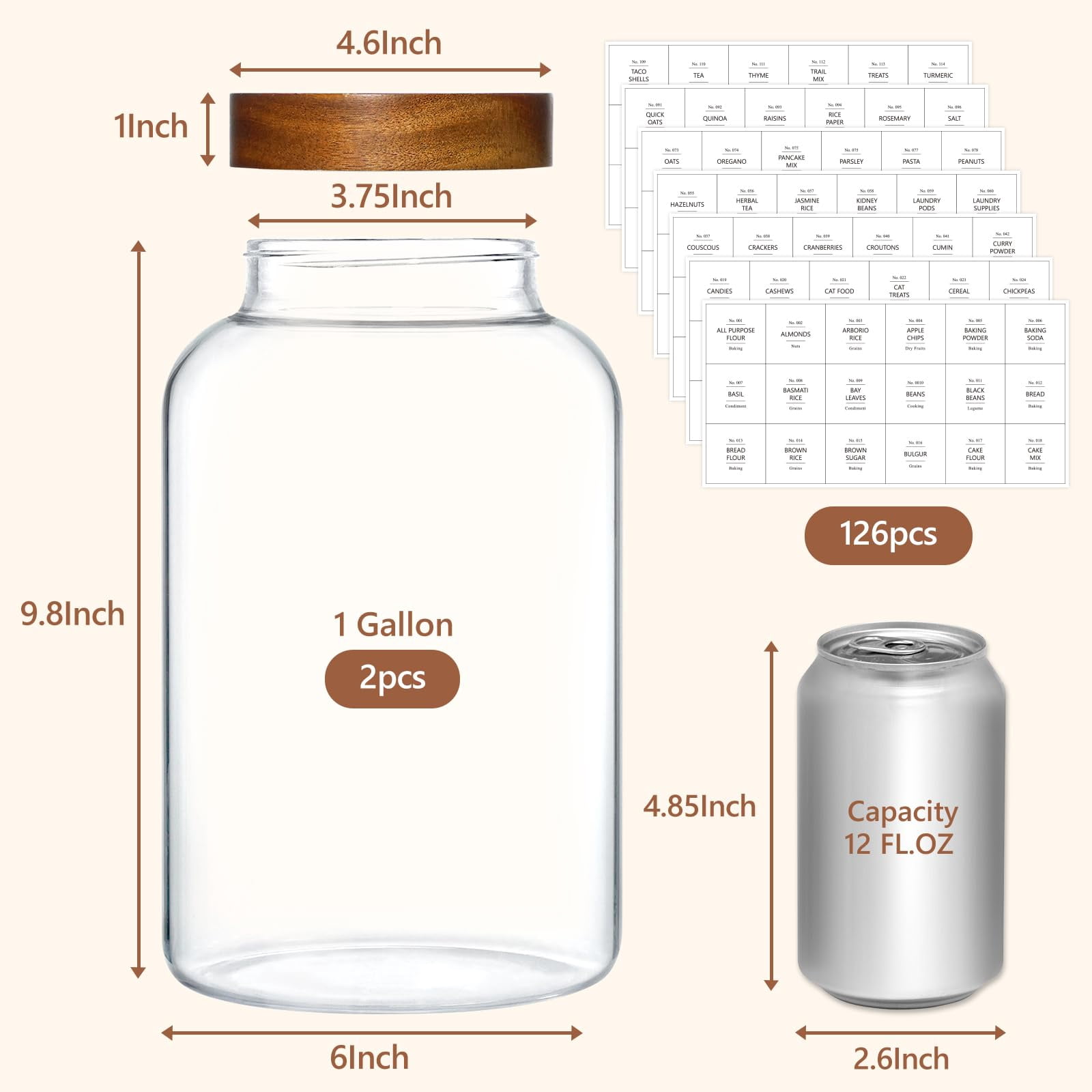 1 Gallon Large Glass Jars With Airtight Lid  2pcs Food Storage Containers Lids Flour Rice Contianers For Pantry Kitchen Organization Egg Cookie Sugar Cereal (128 Oz /3800ml)