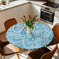 thumbnail image 3 of Light Blue Teal Fitted Tablecloth with Elastic Edged, Round Table Cloth for Dining Table, Retro Botanical Abstract Art Waterproof Oil Proof Table Cover for Indoor Outdoor 55"-60", 3 of 8