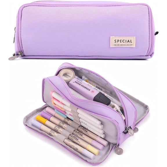 Heluo.Zu Office Pencil Case,Colored Pencils Pouch for Students Stationary,3 Compartments Canvas Pencil Bag Pencil Boxes with Zipper,Purple