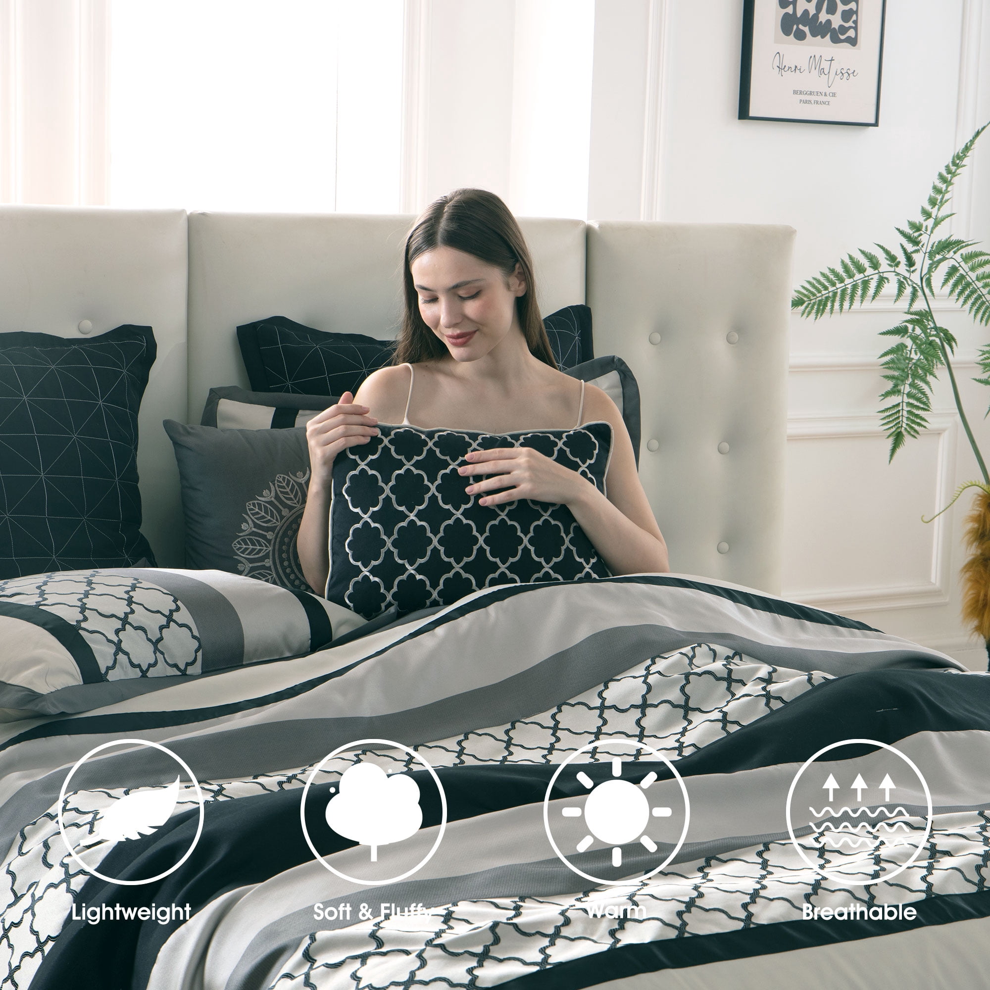 Lanco Moroccan Black/Gray/Off-White, 8-Piece Comforter Set, King, Striped/Geometric