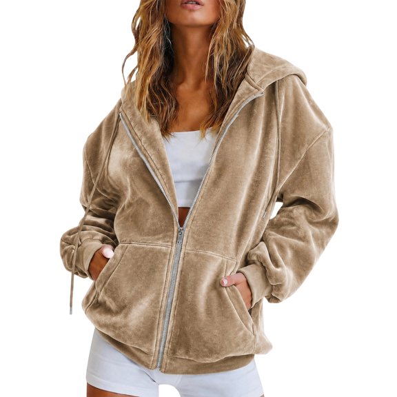 Domzest Womens Velour Zip Up Hoodies Oversized Full Zipper Long Sleeve Sweatshirts Fall Winter Casual Comfy Track Jackets with Pokets Khaki XXL
