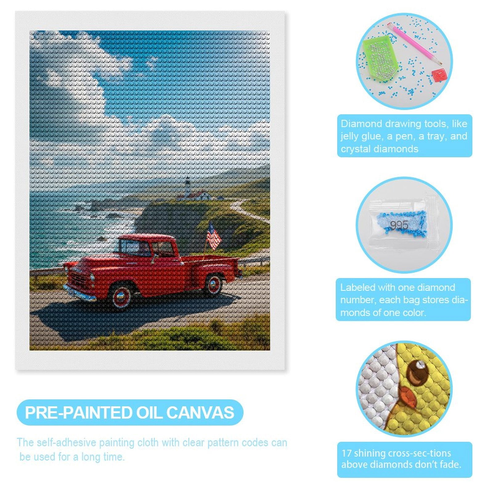Diamond Art Kits for Adults, Vintage Truck Coastal Lighthouse Scene 5D Diamond Painting Kits for Adults Beginners, DIY Full Drill Diamond Painting, Gem Art and Crafts 12x16