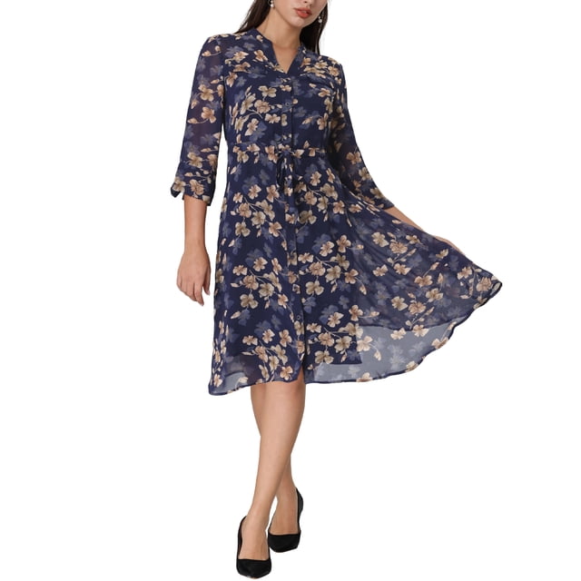 INSPIRE CHIC Vestido Camisero Floral Elegante para Mujeres con Cuello en V, Manga 3/4, Con Cinta Frontal, Vestidos de Chifón Fluidos XL Azul Oscuro