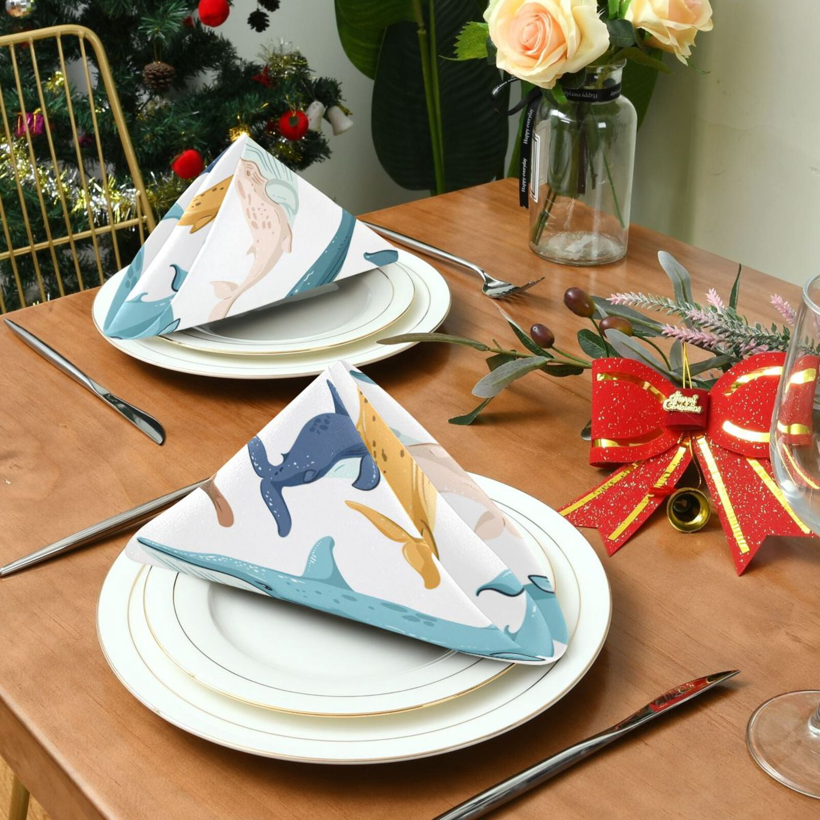 JSTEL Colorful Whales Cloth Napkins Set of 6, 20x20 Inch Washable and Reusable Napkin for Decoupage Dinner Party Everyday Use