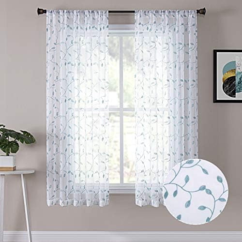 Leaves Short Sheer Curtain Teal Blue Leaf Embroidery Living Room Curtains Rod Pocket Voile Faux Linen Embroidered Leaves Curtain for Bedroom, 38 x 45 inches Long, Set of 2 Panels
