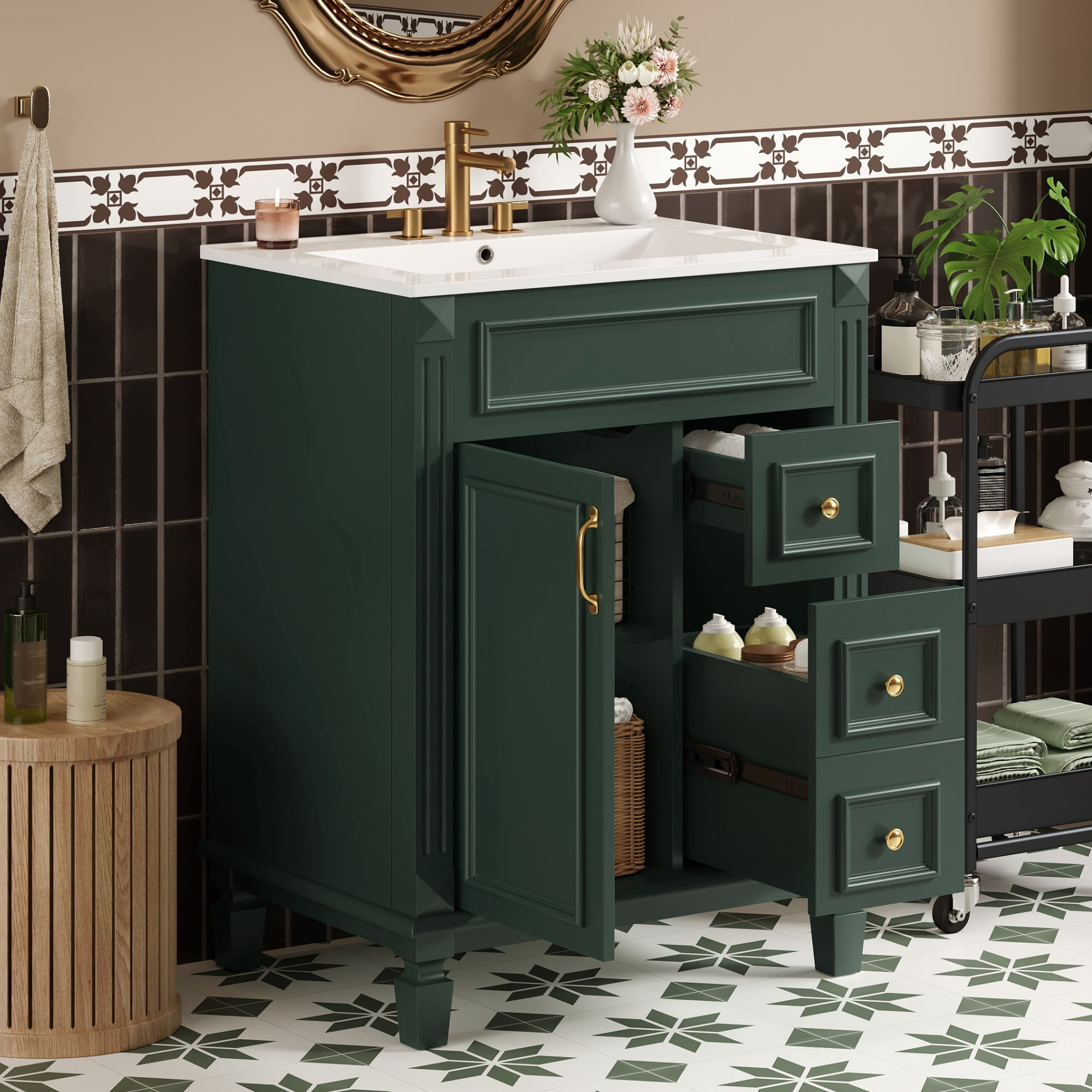 Euroco 24" Bathroom Vanity with Ceramic Sink, Small Bathroom Sink Cabinet, Modern Cabinet with 2 Drawers and Adjustable Shelf